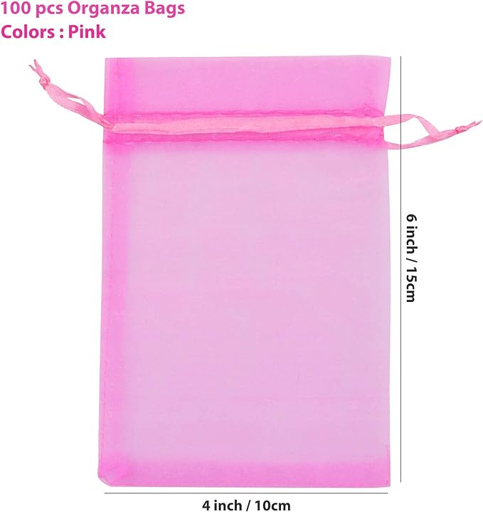 ANZNKU 100 Pack 4x6 inches Pink Drawstring Organza Mesh Bags, Wedding Favor - Image 2
