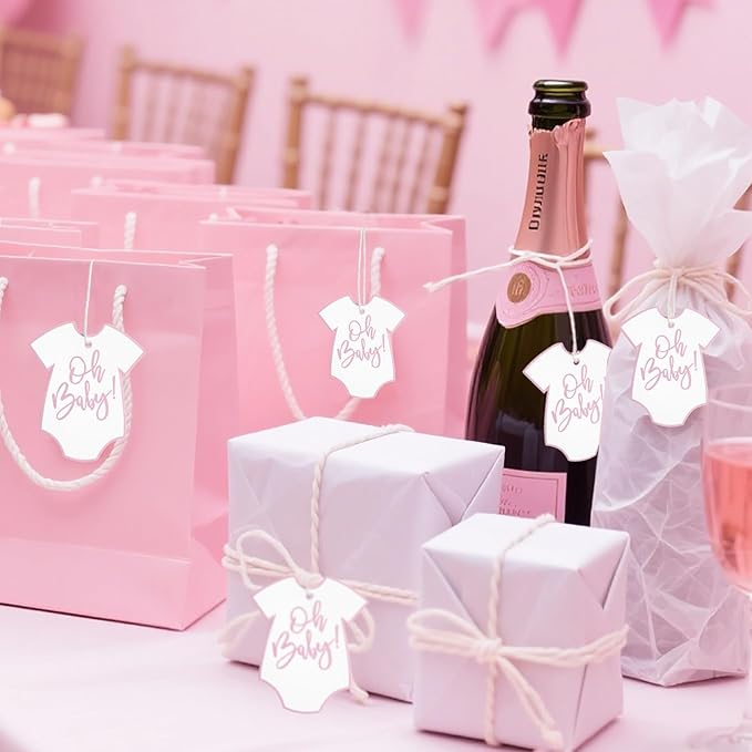 100Pcs Gift Tags with String Pink Baby Clothes Oh Baby Sign Large Gift Tags - Image 4