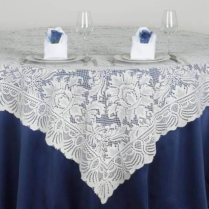 Efavormart 90" x 90" Ivory Square Lace Table Overlay - Image 3