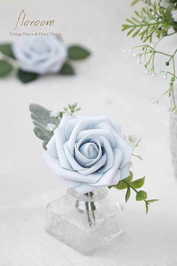 Floroom Artificial Flowers 50pcs Real Looking Powder Blue Foam Fake Roses - Image 2