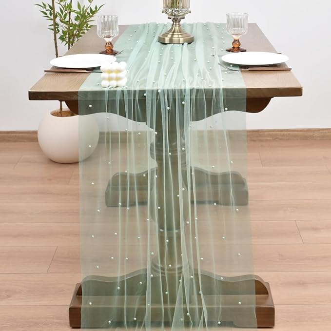 Joanlody Fall Pearl Table Runner 10ft Rustic Boho Tulle Table Runner - Image 6