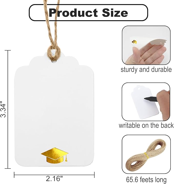 100Pcs Blank Gift Tags with String Foil Gold Grad Cap Large White Paper Gift - Image 3