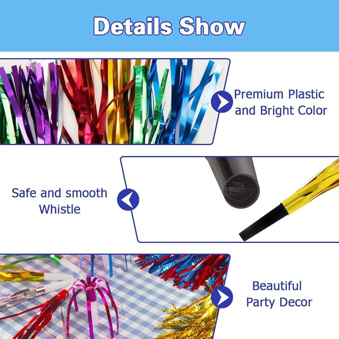 Lovecheer 24/60PCS Glitter Noise Makers Metallic Fringed Party Blowers - Image 3
