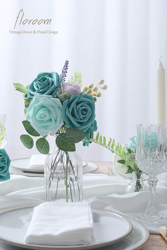 Floroom Artificial Flowers 25pcs Real Looking Teal Green Foam Fake Roses - Image 2