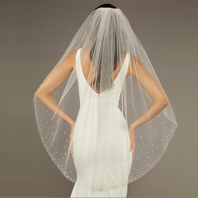 1 Tier Pearl Wedding Bridal Veil - Image 3