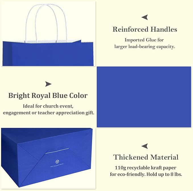 BagDream 8x4.25x10.5 Inch 100Pcs Royal Blue Gift Bags Medium Size, Kraft Paper - Image 3