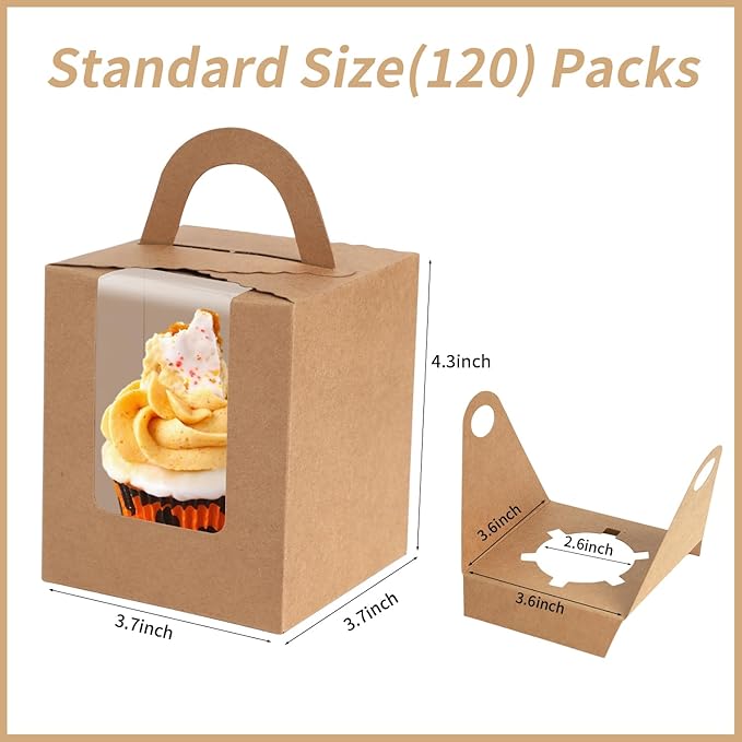JCD Cupcake Boxes Kraft Paper, Individual Cupcake Container Brown - Image 2