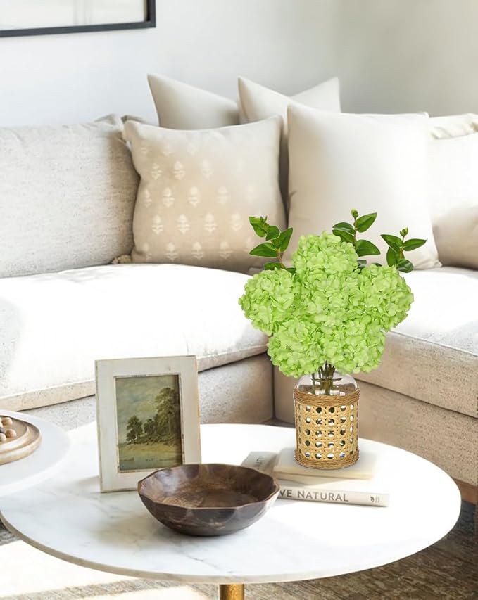 Hollyone Green Hydrangea Artificial Flowers in Woven Glass Vase - Image 5