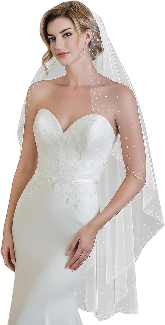1 Tier Pearl Wedding Bridal Veil by Unknown