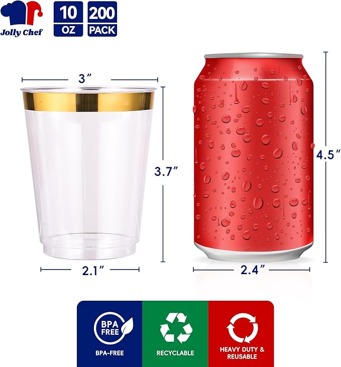 JOLLY CHEF 200 Pack 10 oz Gold Plastic Cups Elegant Gold Rimmed Disposable Cups - Image 2
