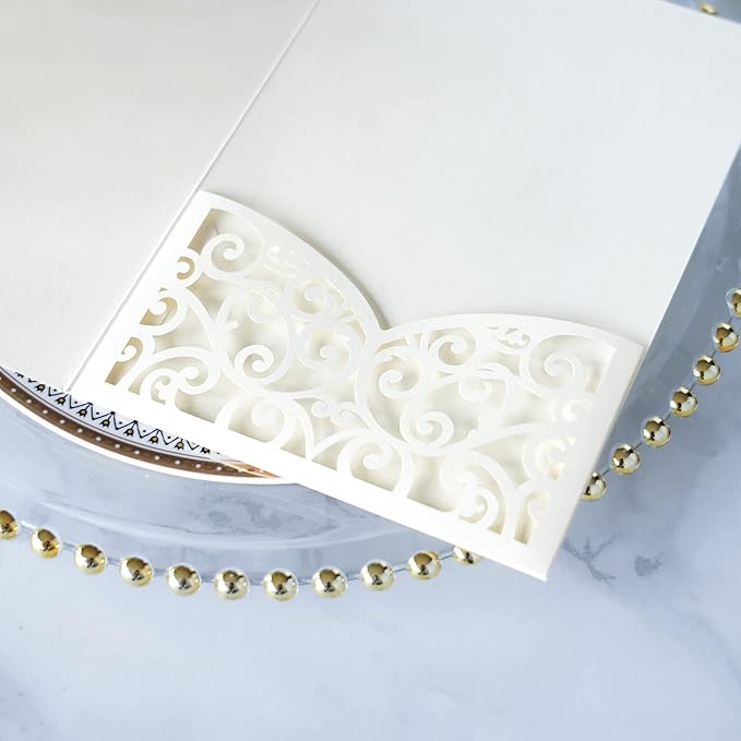 ponatia 5.12 x 7.2 Ivory Laser Cut Wedding Invitations, Trifold Laser Cut - Image 8