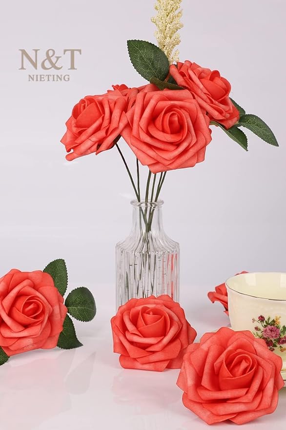 N&T NIETING Artificial Flowers 25pcs Real Looking Coral Foam Fake Roses - Image 6