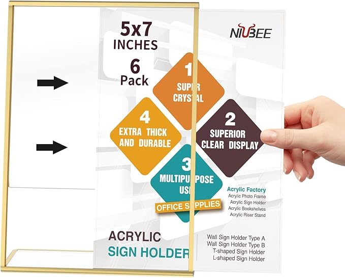NIUBEE 6 Pack 5 x 7 Acrylic Gold Frame, Slanted Back Table Sign Holder - Image 5