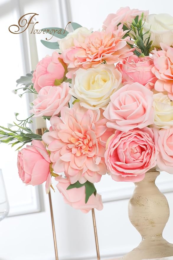 Floweroyal Pink Artificial Flowers Fake Rose Flowers Dahlia - Image 2