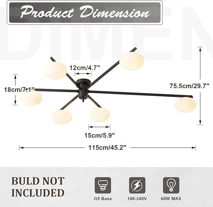 6-Light Mid Century Semi Flush Mount Black Matte Sputnik Chandelier Fixtures - Image 2
