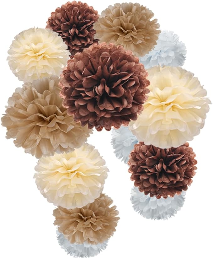 Brown Champagne Tan Ivory and White Tissue Paper Pom Poms Flower by MOWO