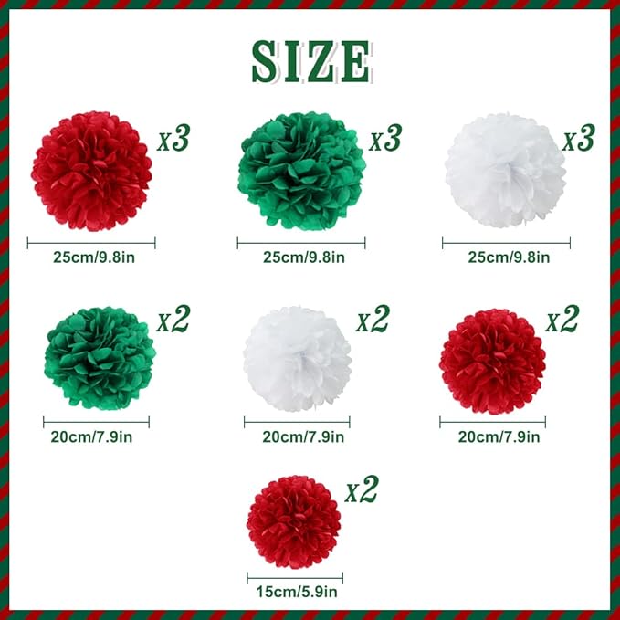 Easy Joy 17Pcs Christmas New Year Hanging Decoration Red Green White Paper Pom - Image 5