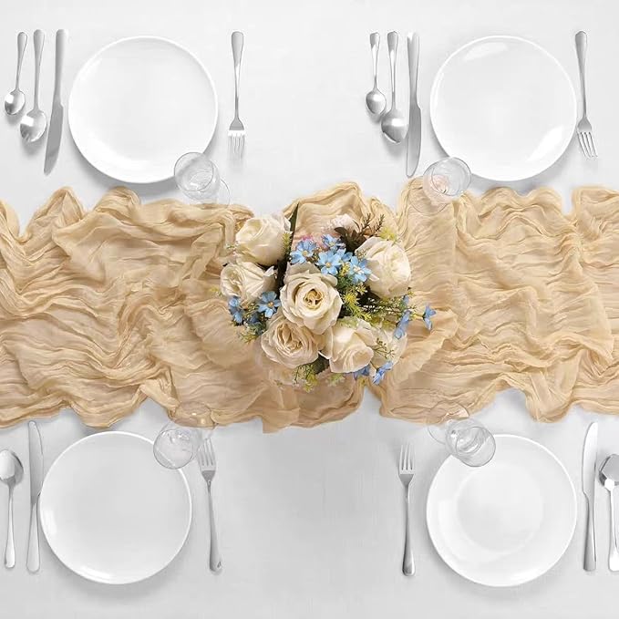 6 Pack Beige Cheesecloth Table Runner 21x120 Inch Boho Wrinkled Sheer Romantic - Image 6