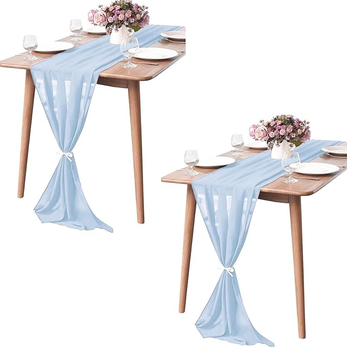 2 Pack 10Ft Baby Blue Chiffon Table Runner Sheer 29x120 Inch by Pufogu