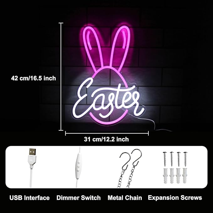 Easter Bunny Egg Neon Sign Pink Rabbit Ears Neon Light Easter Day LED Neon Signs - Image 3