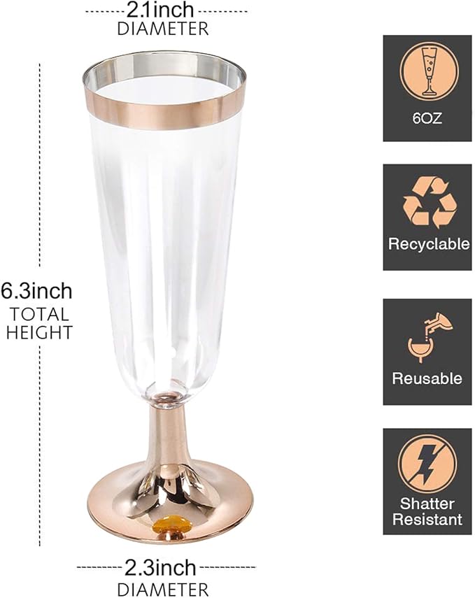I00000 50 Pack Rose Gold Plastic Champagne Flutes, 5 Oz Fancy Rose Gold - Image 2