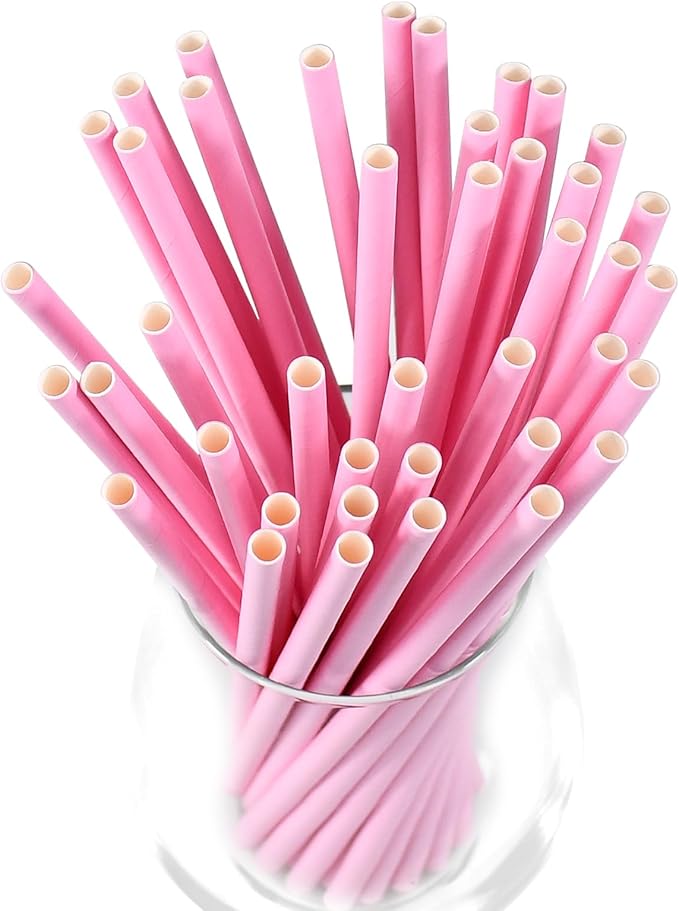 Solid Pink Disposable Paper Drinking Straws 7.75 inch 100 Counts - Image 2