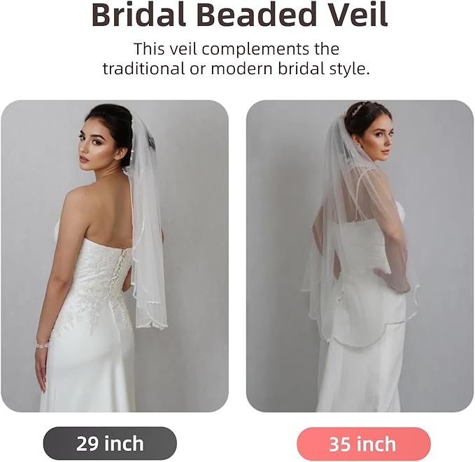 Bridal Veils Pearls and Crystals Beaded Edge Fingertip Length Wedding Veil - Image 5