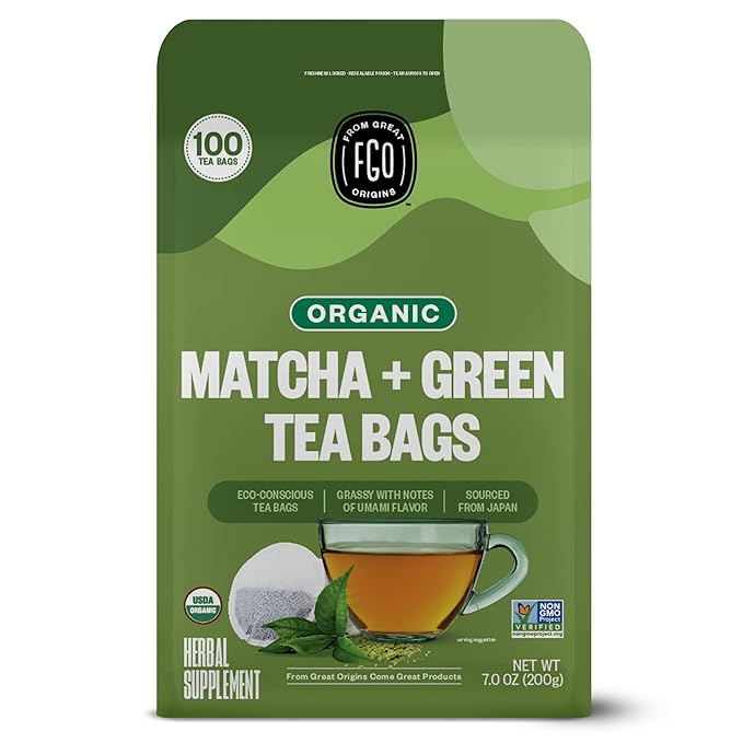 FGO Organic Japanese Matcha + Green Tea, Eco-Conscious Tea Bags, Resealable Bag by FGO