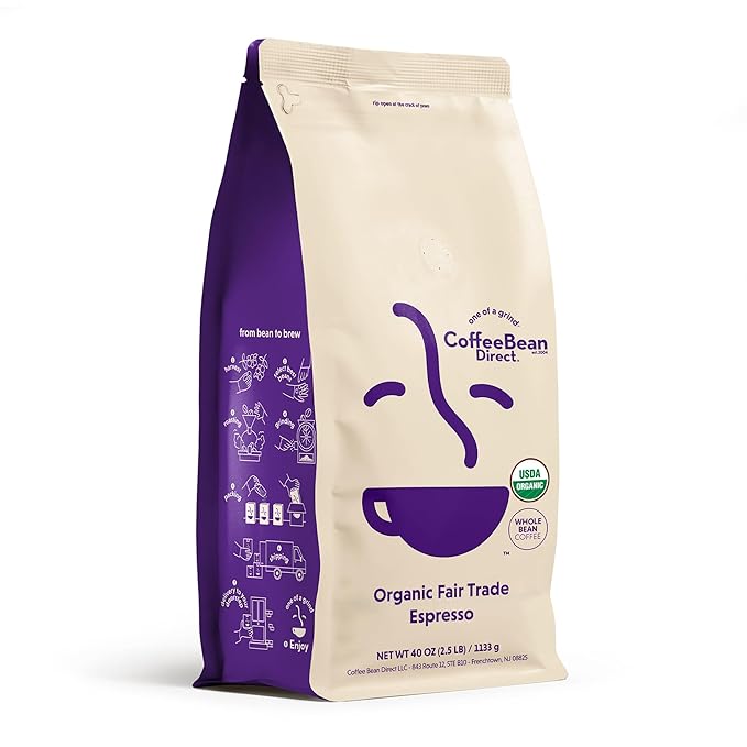 Coffee Bean Direct Organic Fair Trade Espresso, Whole Bean Coffee, Dark Roast by CoffeeBeanDirect
