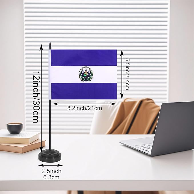 El Salvador Desk Flag 12" Solid Pole Deluxe Set Salvador Flags Banner Mini - Image 2