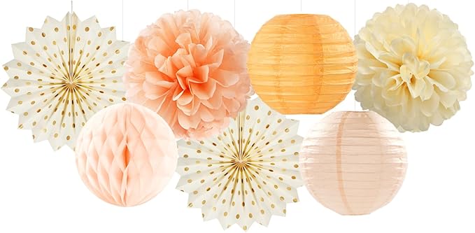 Beige-Orange Peach Fall Party-Decorations Paper-Lanterns- 14pcs Autumn - Image 4