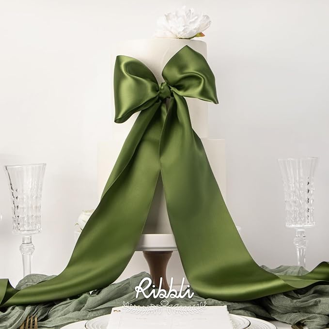 Ribbli Moss Green Satin Ribbon 4 Inch Wide Moss Green Ribbon - Image 3