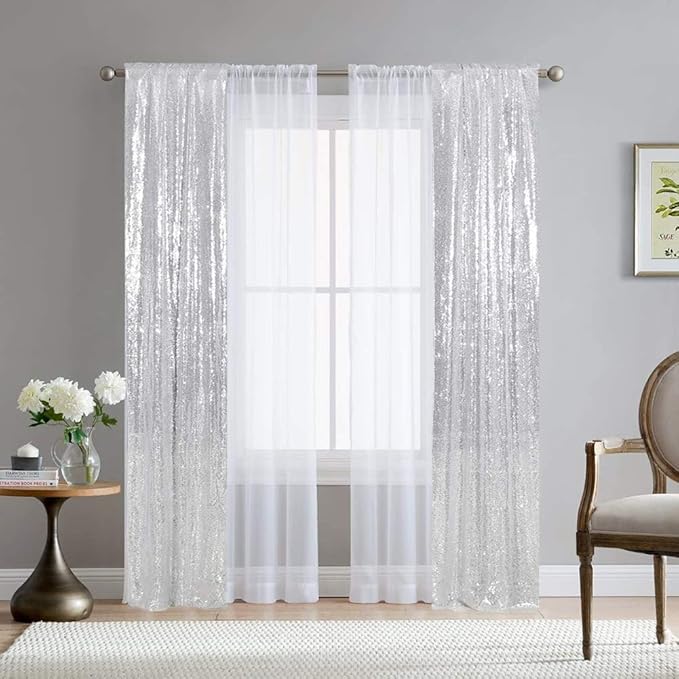 SquarePie Sequin Curtain 2FT x 8FT Silver 2pcs Backdrop Background - Image 4