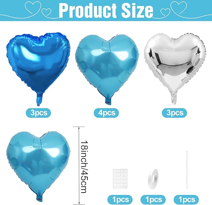 Blue Silver Heart Balloons, 18Inch Silver Helium Polyester Film Balloon - Image 2