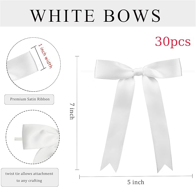 30Pcs Satin Ribbon White Bows 5x7 Inch Twist Tie Bow - Image 2