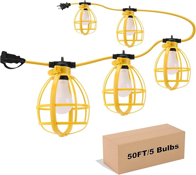 50FT Construction String Lights, 50W 5 Bulbs Work Lights by Yaoledly