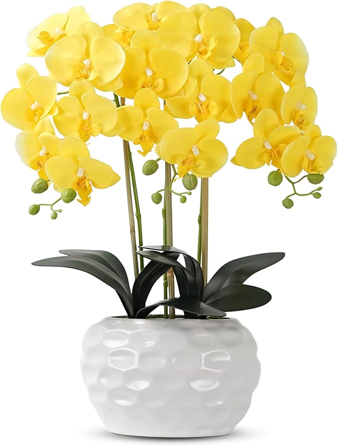 Orchid Artificial Flowers with White Vase Large Silk Faux Phalaenopsis Flowers by ABetterDayStartsHere