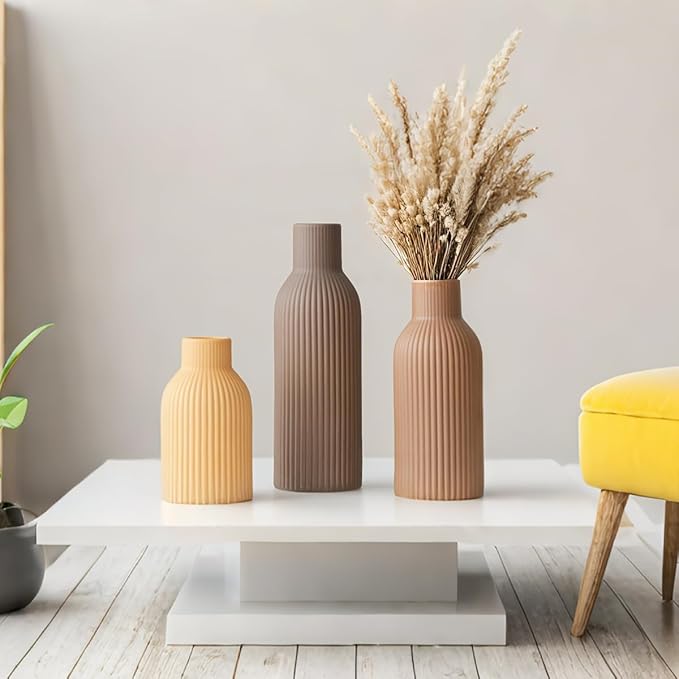 Modern Ceramic Vases Set of 3, Coffee Table Ribbed Decorative Vases, Shelf - Image 3