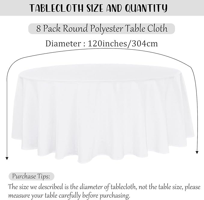 8 Pack Premium Round Tablecloth 120 Inch Round Table Covers Washable Polyester - Image 2