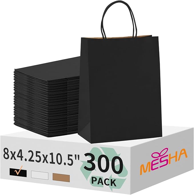 MESHA Gift Paper Bags 300 PACK 8x4.25x10.5'' Black Medium Shopping Kraft Bags by MESHA