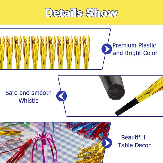 Lovecheer 24/60PCS Glitter Noise Makers Metallic Fringed Party Blowers - Image 3
