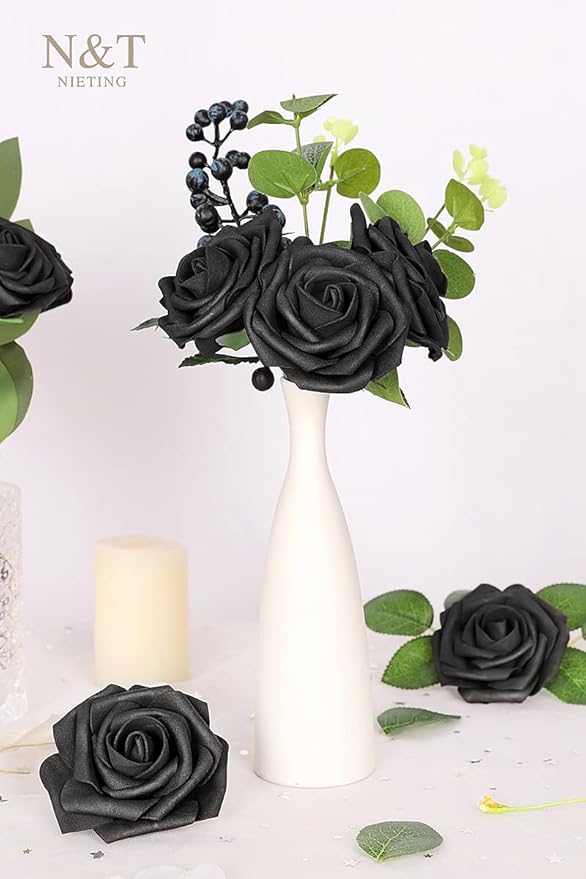 N&T NIETING Artificial Flowers Black Rose 50pcs Real Touch Flowers Perfect - Image 8