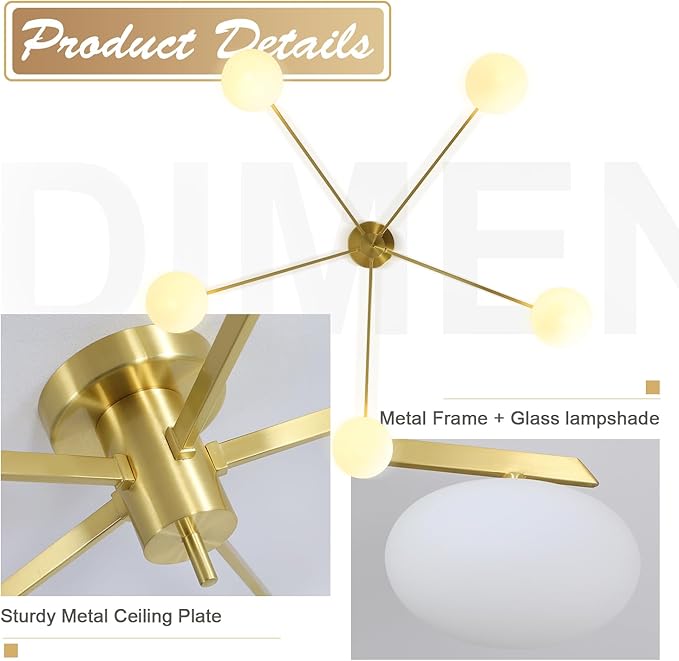 5 Lights Industrial Semi Flush Mount Ceiling Light Fixture Gold Modern Sputnik - Image 3