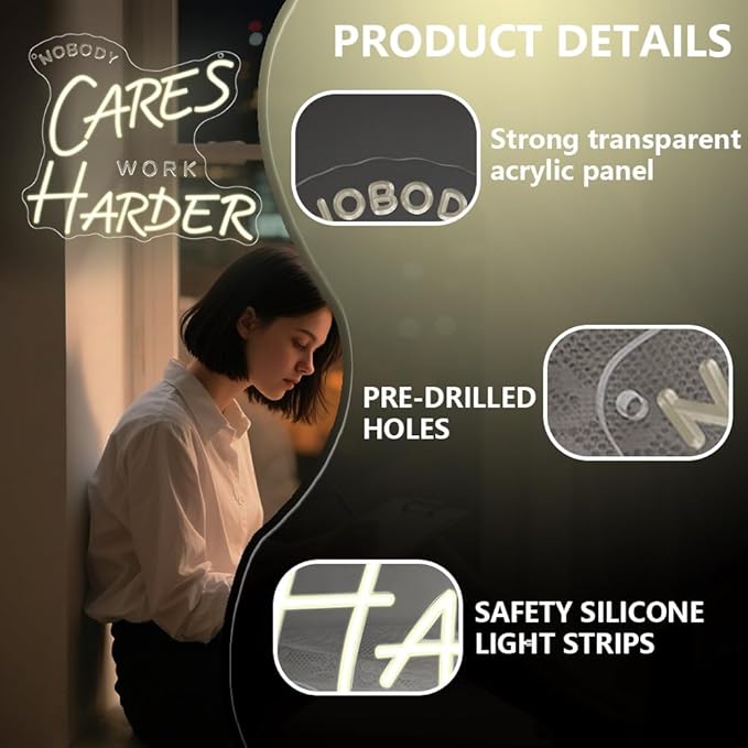 Nobody Cares Work Harder Neon Sign, Motivational Dimmable LED Light Signs - Image 5