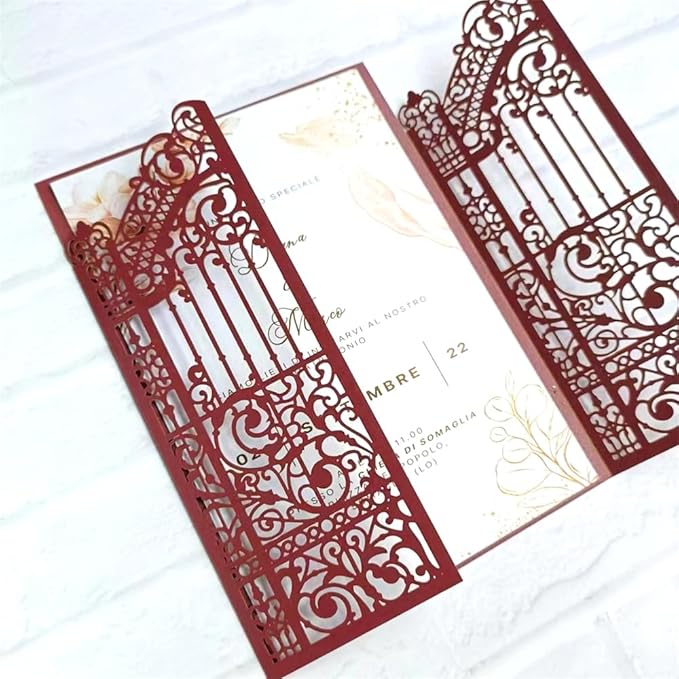 MillaSaw Burgundy Fence Laser Cut Wedding Invitation Card by MillaSaw