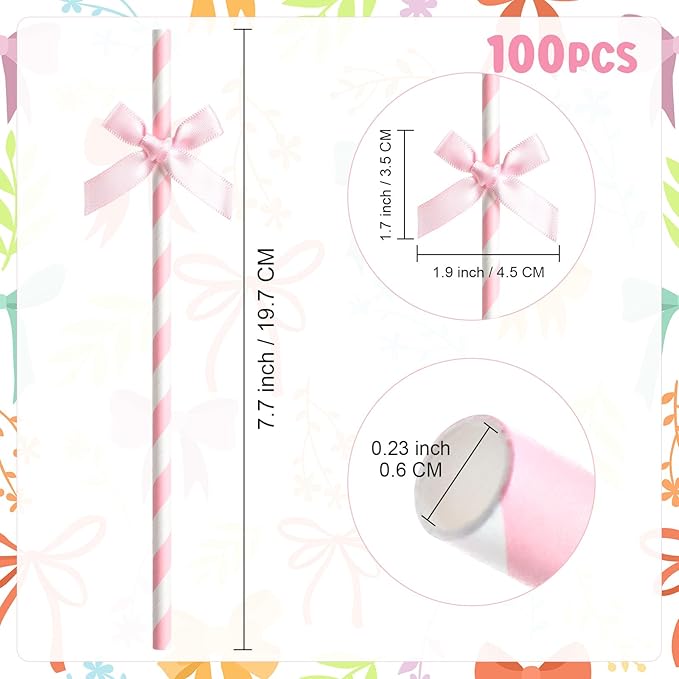 100 Pcs Pink Paper Straws for Drinking, Bow Disposable Striped Paper Straws - Image 3
