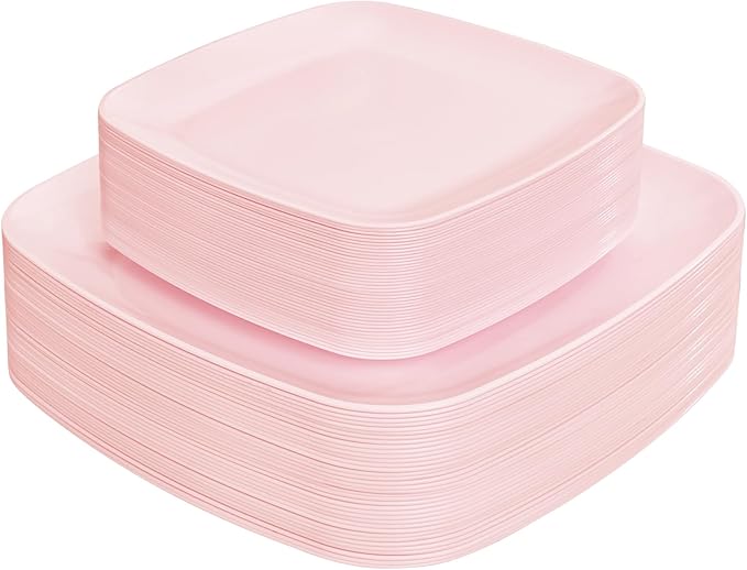 PULOTE 60PCS Pink Square Plastic Plates Disposable by PULOTEpartywareWesupplyproductsandyouenjoylife