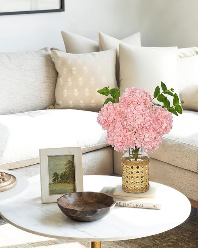 Hollyone Pink Hydrangea Artificial Flowers in Woven Glass Vase - Image 5