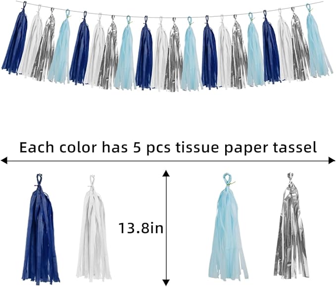 Teal Silver White Navy-Blue Party-Decorations – 15pcs Tissue Paper Tassel - Image 2
