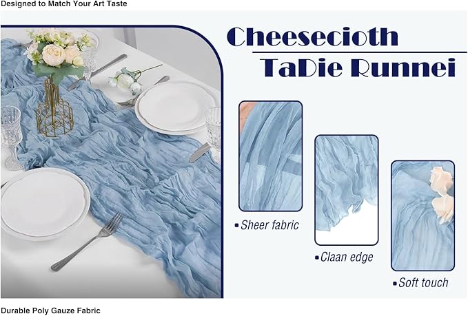 6 Pack Dusty Blue Cheesecloth Table Runner 20x120 Inch Boho Wrinkled Sheer - Image 2